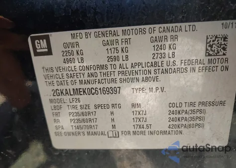 2012 GMC Terrain Sle-1 z USA, uszkodzony, nr VIN 2GKALMEK0C6169397